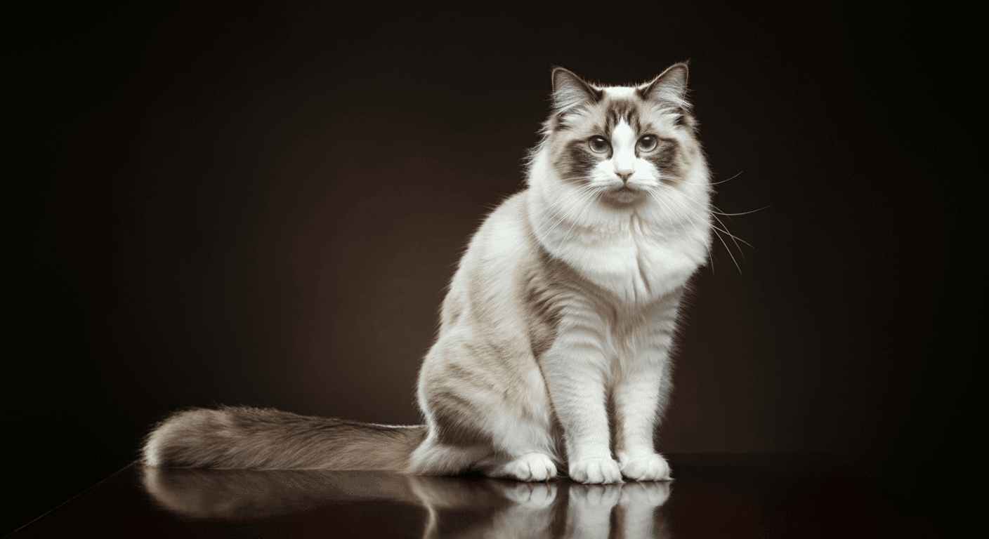 A playful Ragdoll kitten with a soft bicolor coat chasing a feather toy, its bright blue eyes wide with excitement and curiosity.